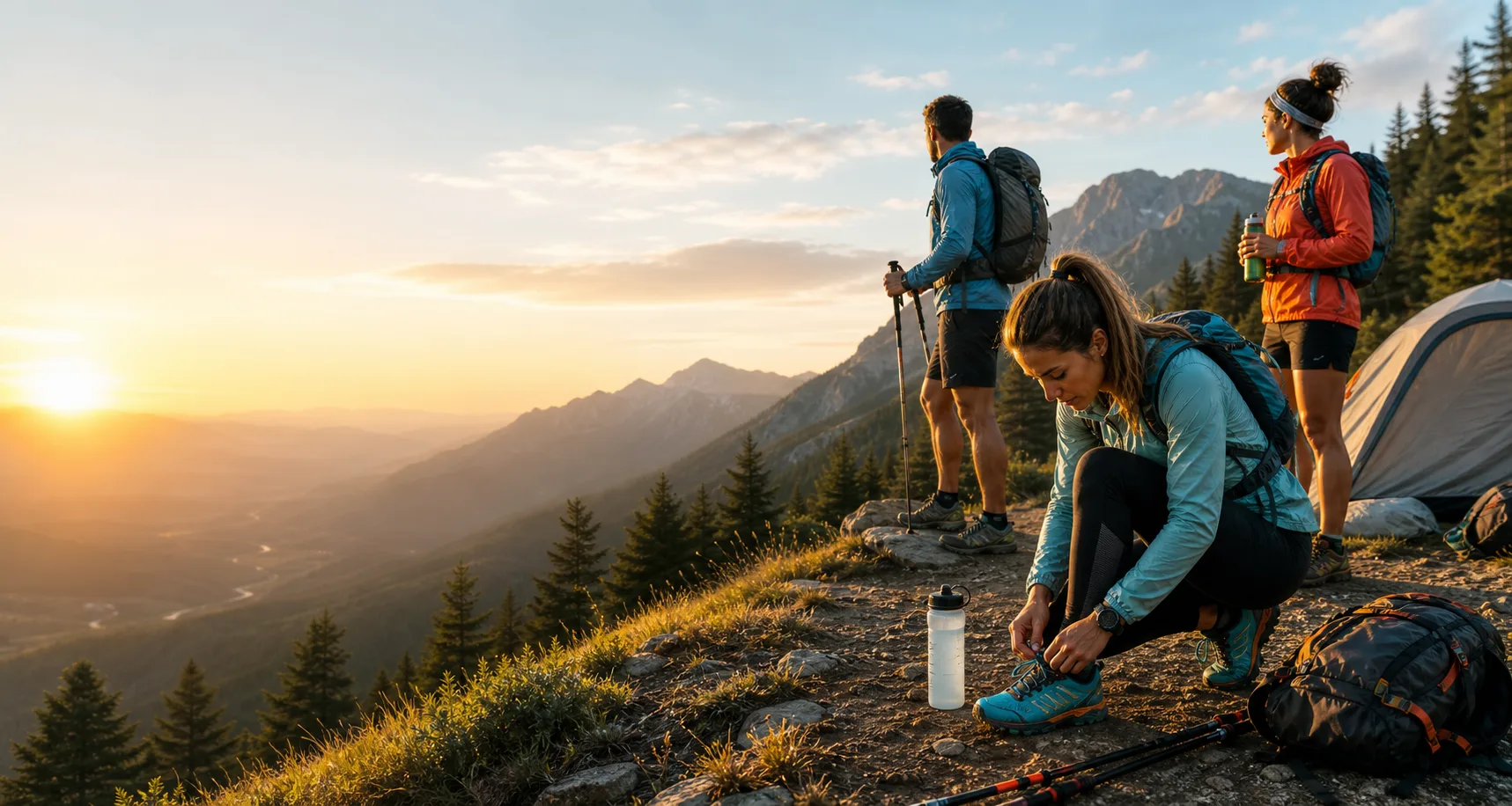 Outdoor athletes moving along a sunrise trail